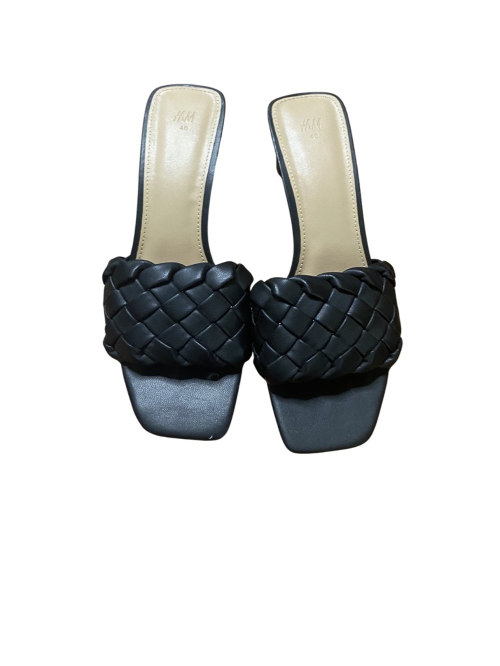H&M Black Woven Mule Heels Size 40 Square Toe Slide Sandals Minimalist
